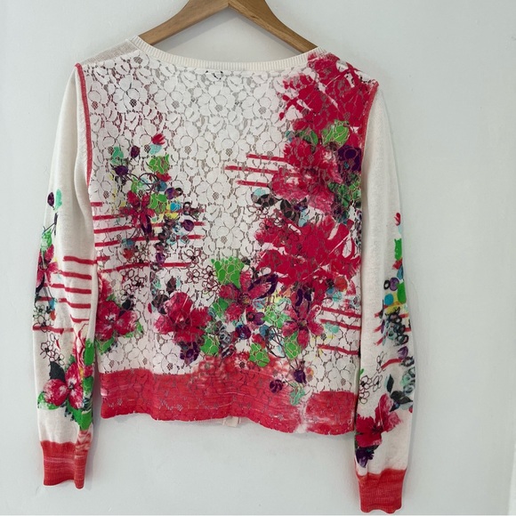 Floral Lace-Back Button Front Cardigan Sweater - White & Red Linen Blend - Picture 4 of 15